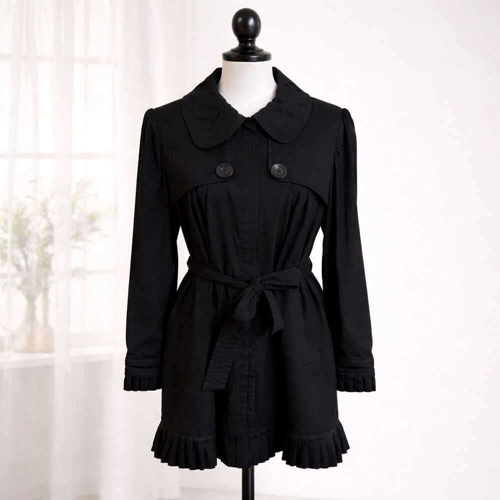 Elle Black Trench Coat Women M VTG Peter Pan Collar Ruffle Hem Belted Jacket